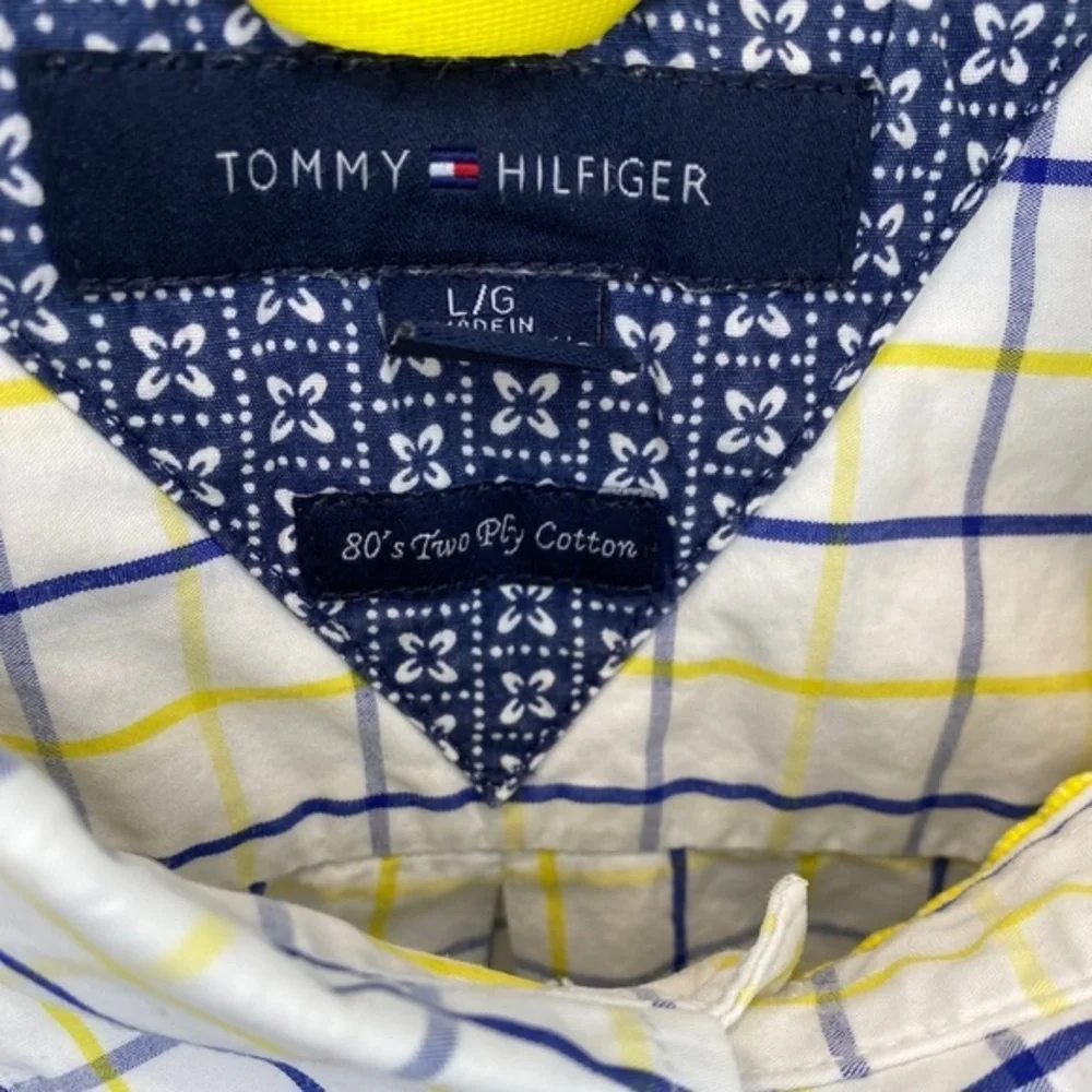 TOMMY HILFIGER 80’s Two Ply Cotton Yellow &‎ Blue Plaid Button Down Shirt Sz L